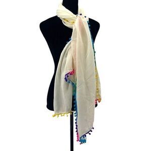 Lara Ethnics‎ Rainbow Pompom Scarf Cream Boho Colorful Light Weight